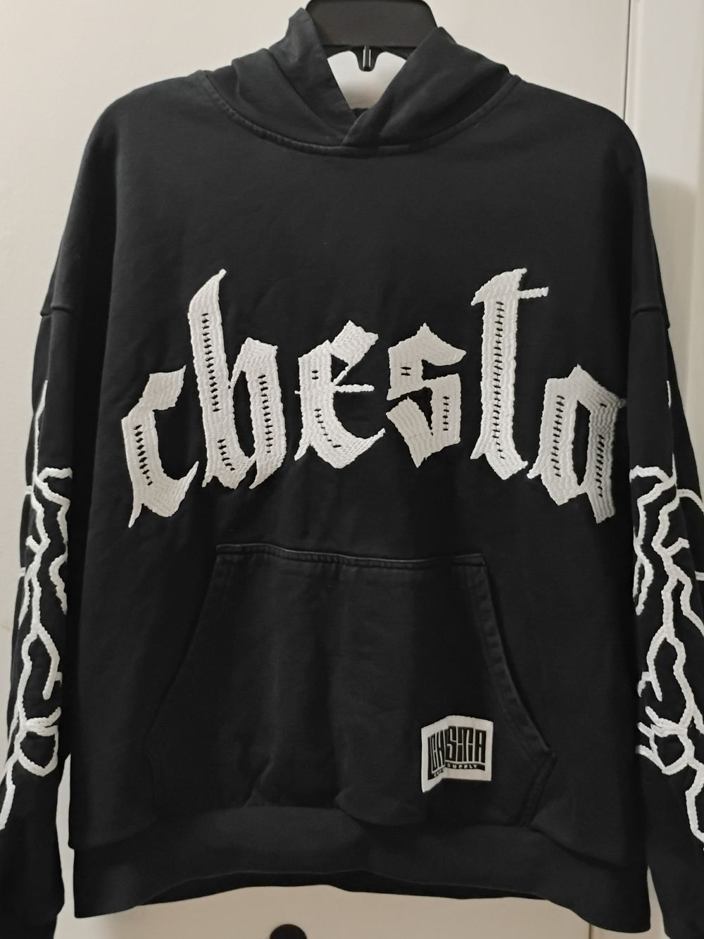 Black Crewneck Sweater with White Gothic Embroidery